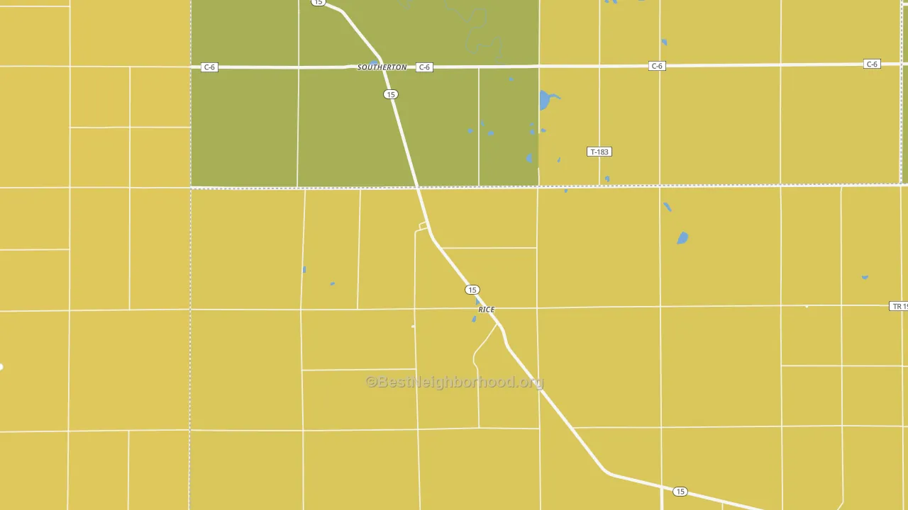 Map of the best neighborhoods in the Rice area, with better matches in green and worse matches in red