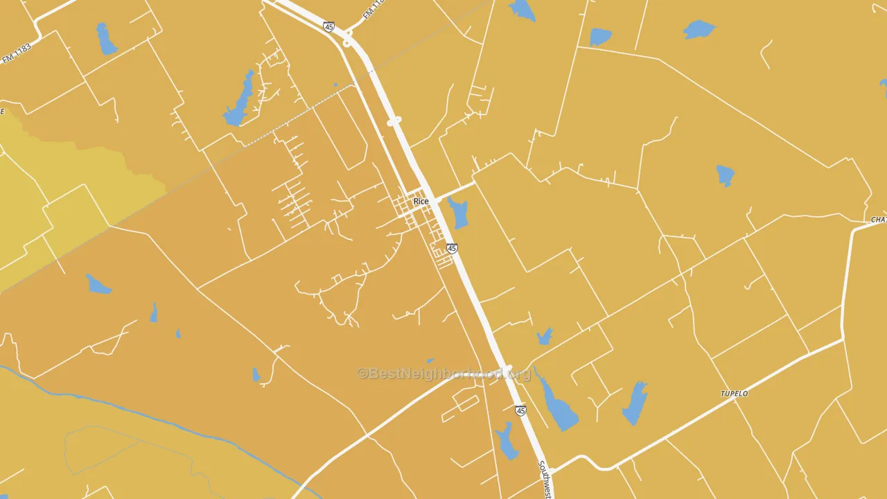 Map of the best neighborhoods in the Rice area, with better matches in green and worse matches in red