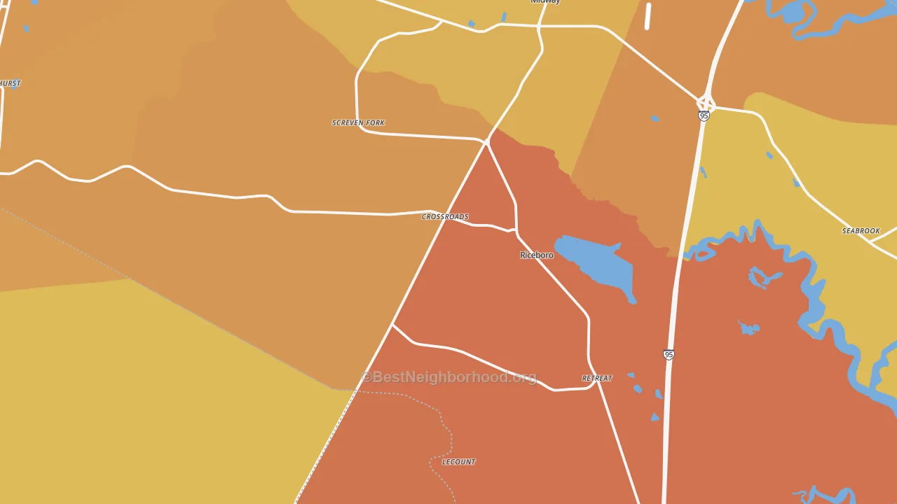 Map of the best neighborhoods in the Riceboro area, with better matches in green and worse matches in red