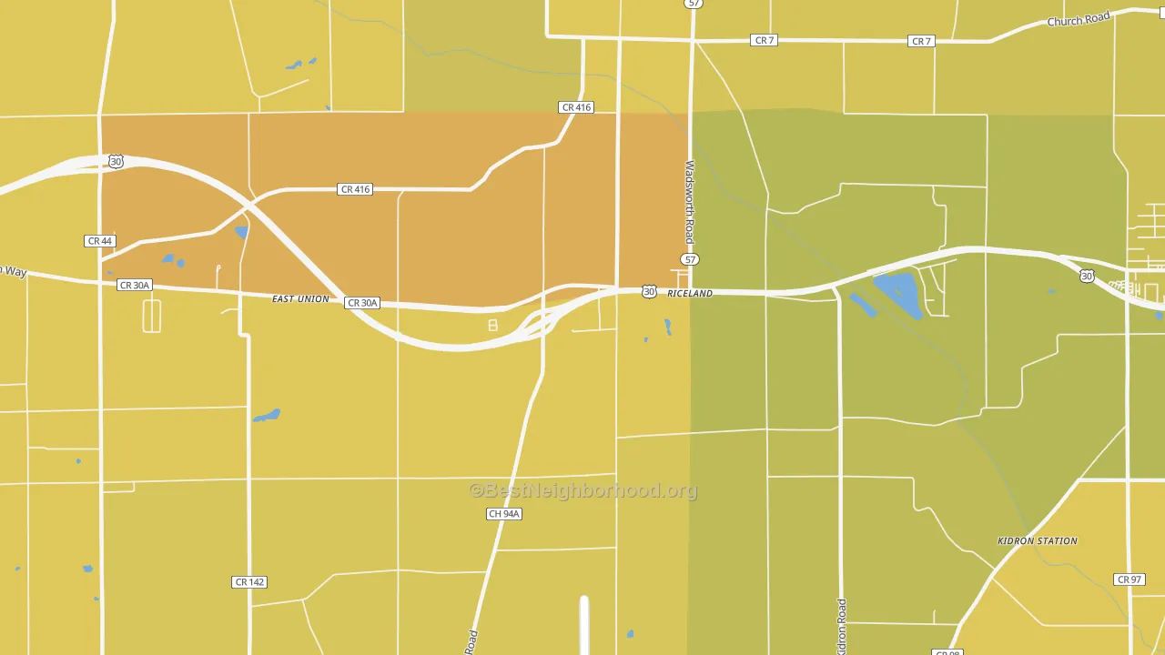 Map of the best neighborhoods in the Riceland area, with better matches in green and worse matches in red