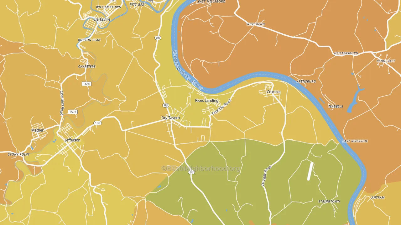 Map of the best neighborhoods in the Rices Landing area, with better matches in green and worse matches in red