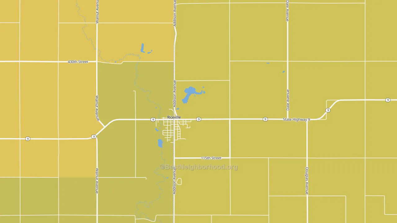 Map of the best neighborhoods in the Riceville area, with better matches in green and worse matches in red