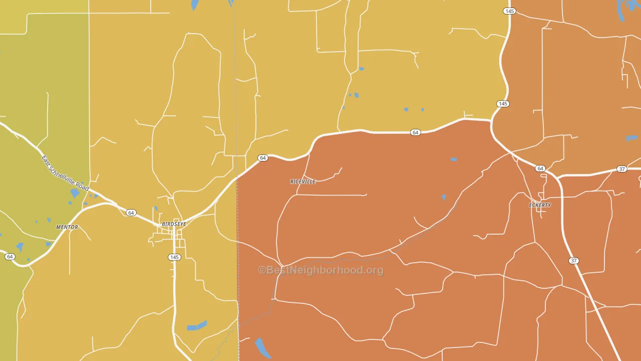 Map of the best neighborhoods in the Riceville area, with better matches in green and worse matches in red