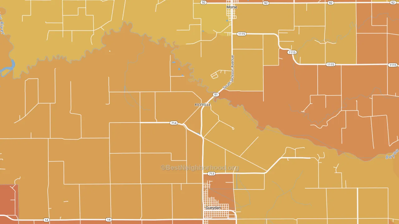 Map of the best neighborhoods in the Riceville area, with better matches in green and worse matches in red