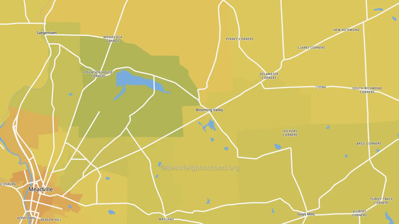 Map of the best neighborhoods in the Riceville area, with better matches in green and worse matches in red