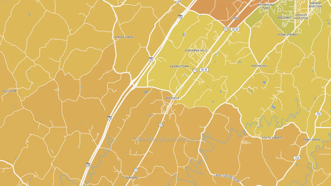 Map of the best neighborhoods in the Riceville area, with better matches in green and worse matches in red
