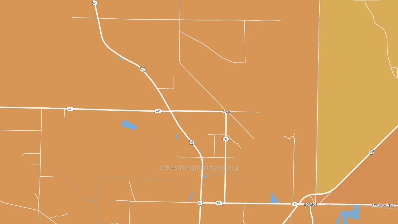 Map of the best neighborhoods in the Rich area, with better matches in green and worse matches in red