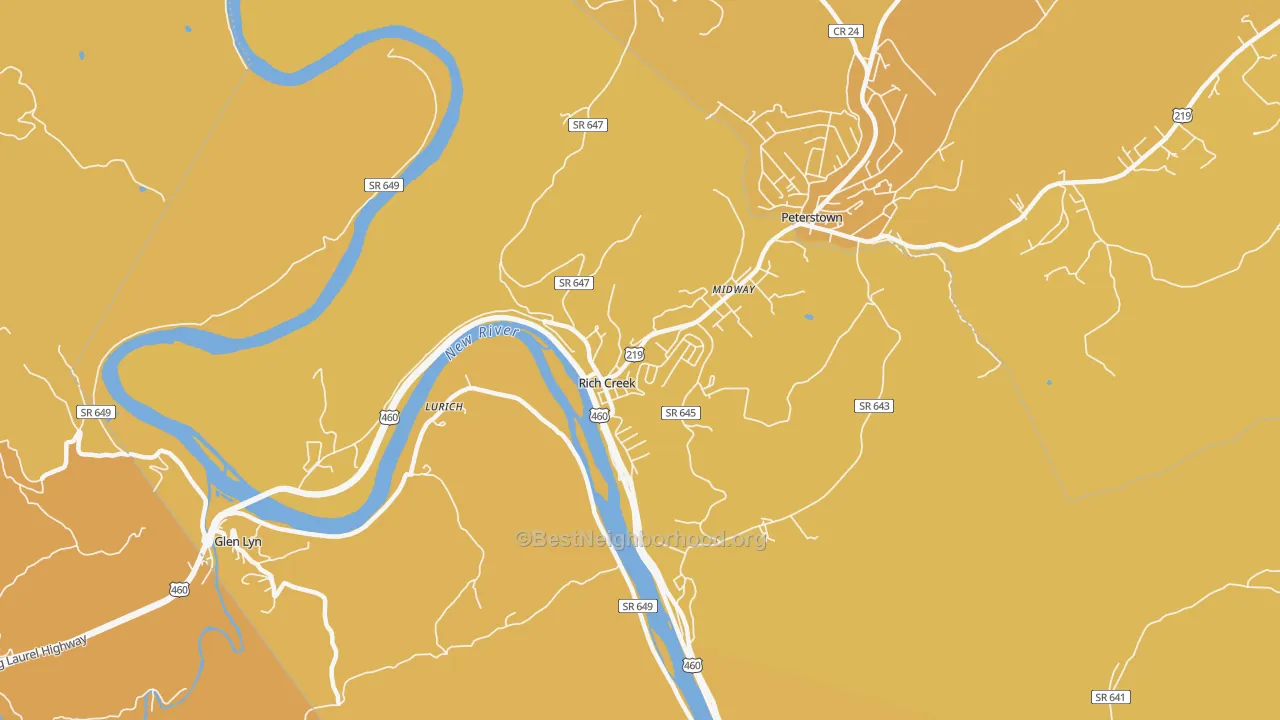 Map of the best neighborhoods in the Rich Creek area, with better matches in green and worse matches in red