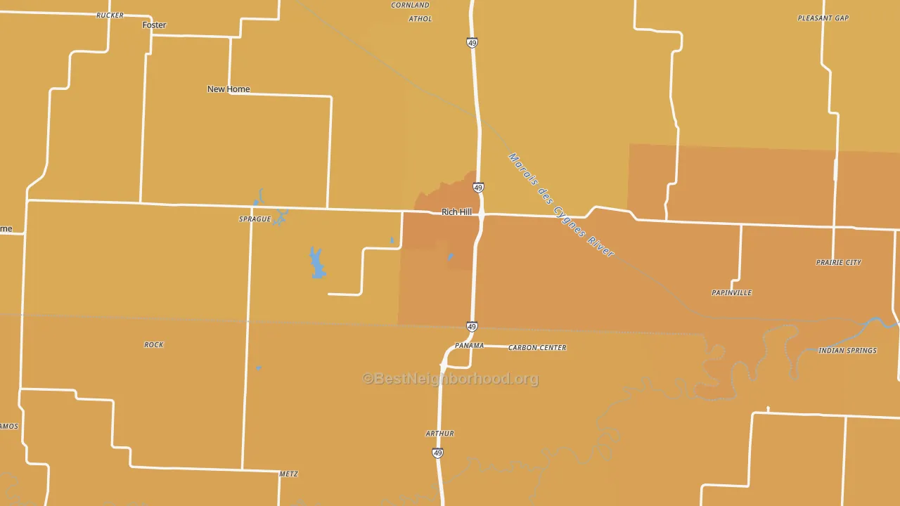 Map of the best neighborhoods in the Rich Hill area, with better matches in green and worse matches in red