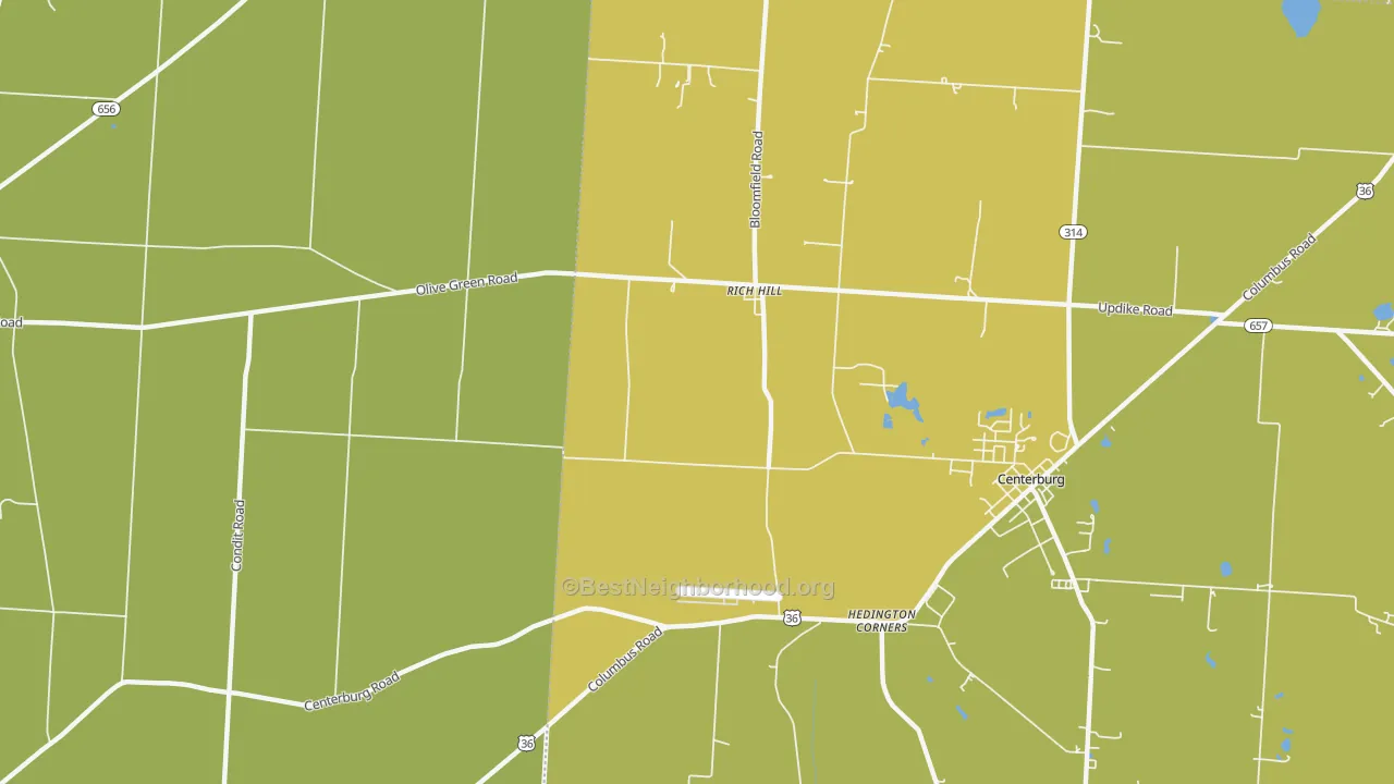 Map of the best neighborhoods in the Rich Hill area, with better matches in green and worse matches in red
