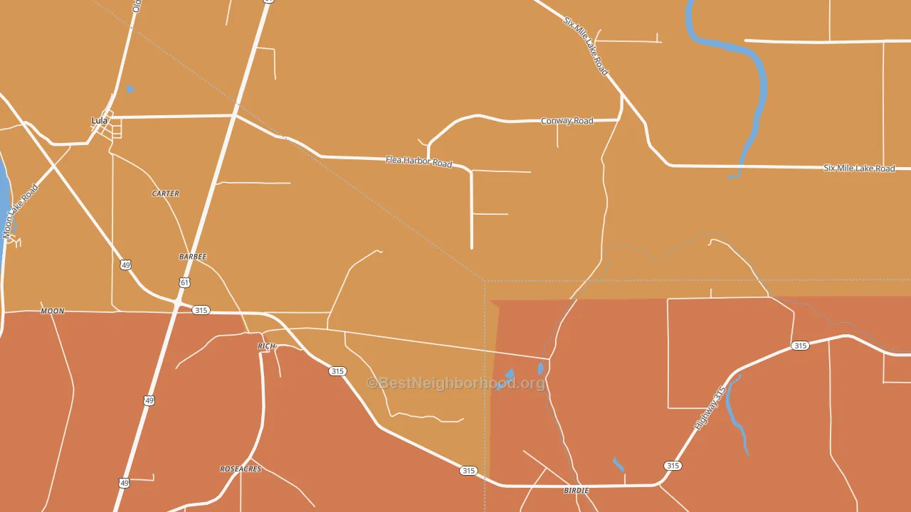 Map of the best neighborhoods in the Rich area, with better matches in green and worse matches in red