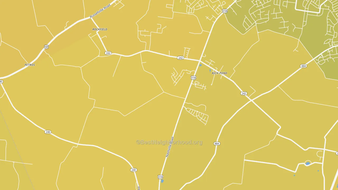 Map of the best neighborhoods in the Rich Pond area, with better matches in green and worse matches in red