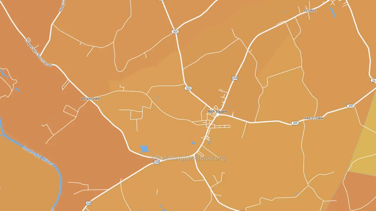 Map of the best neighborhoods in the Rich Square area, with better matches in green and worse matches in red