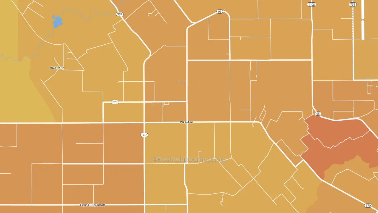 Map of the best neighborhoods in the Richard area, with better matches in green and worse matches in red