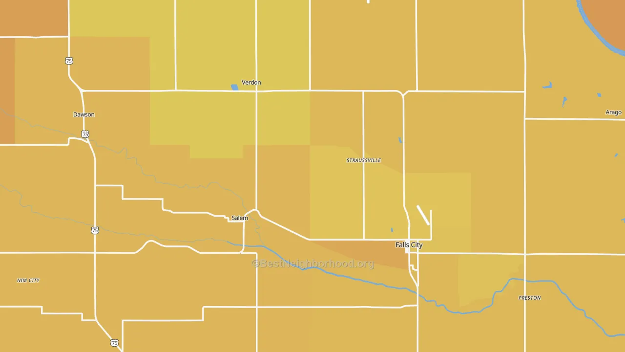 Map of the best neighborhoods in the Richardson County area, with better matches in green and worse matches in red