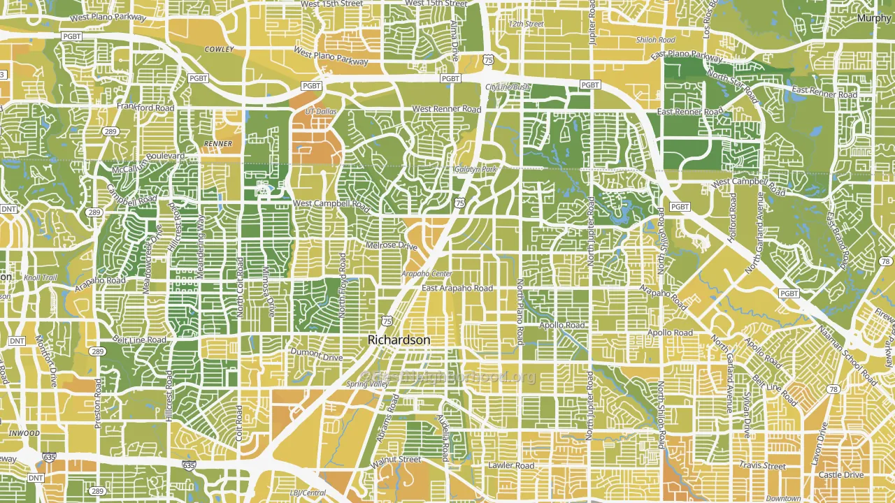 Map of the best neighborhoods in the Richardson area, with better matches in green and worse matches in red
