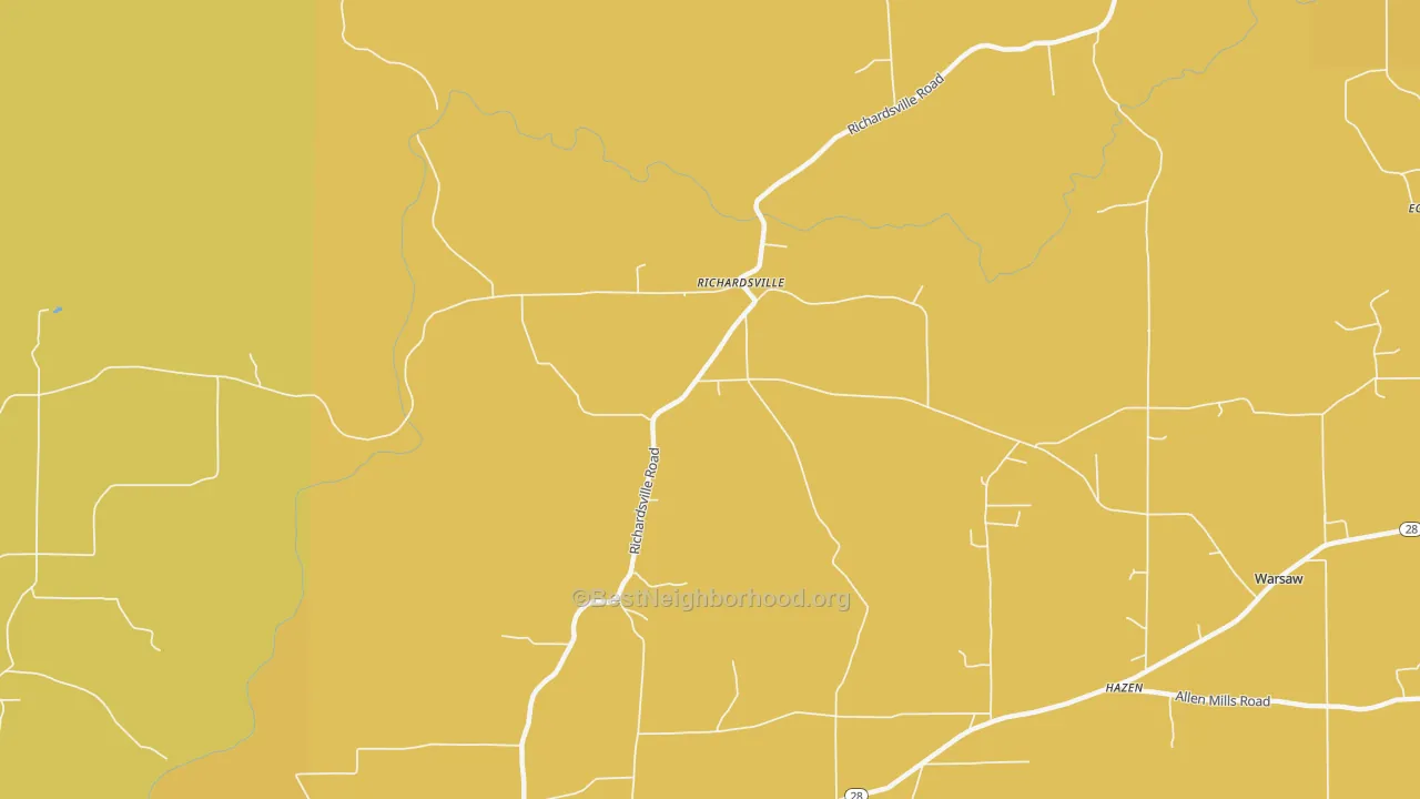 Map of the best neighborhoods in the Richardsville area, with better matches in green and worse matches in red