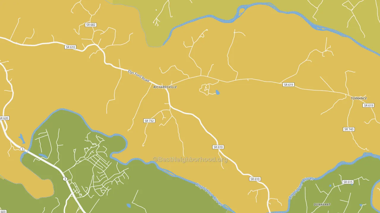 Map of the best neighborhoods in the Richardsville area, with better matches in green and worse matches in red