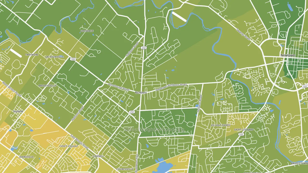 Map of the best neighborhoods in the Richboro area, with better matches in green and worse matches in red