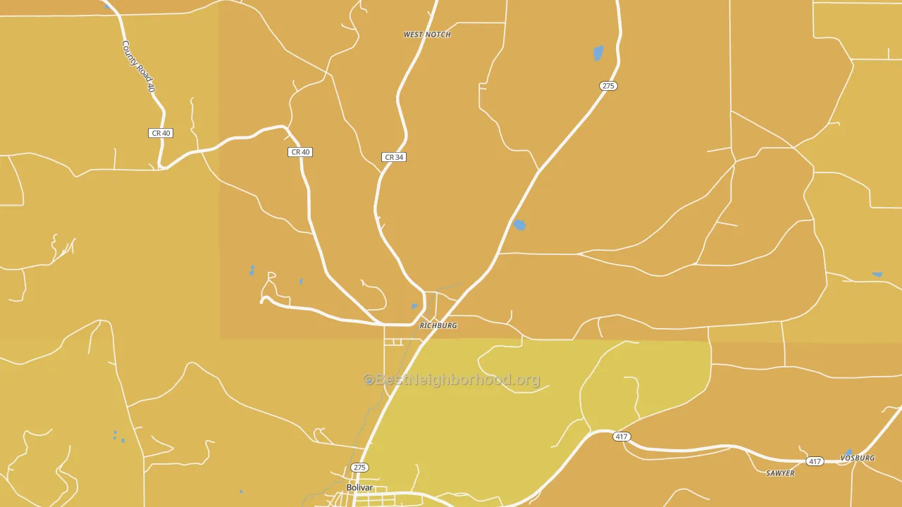 Map of the best neighborhoods in the Richburg area, with better matches in green and worse matches in red