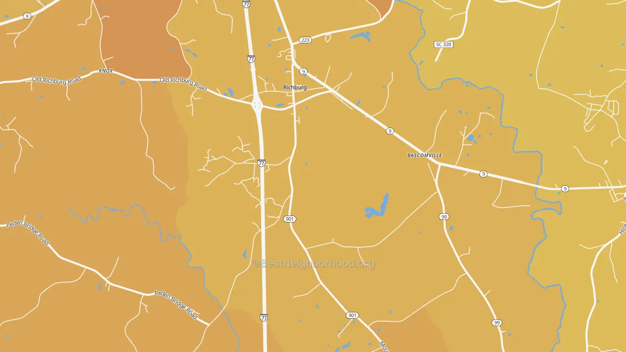 Map of the best neighborhoods in the Richburg area, with better matches in green and worse matches in red
