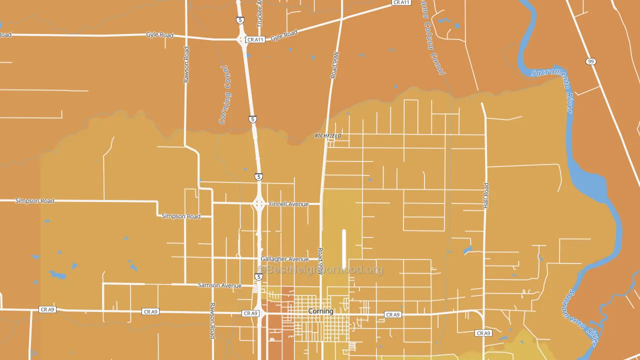 Map of the best neighborhoods in the Richfield area, with better matches in green and worse matches in red