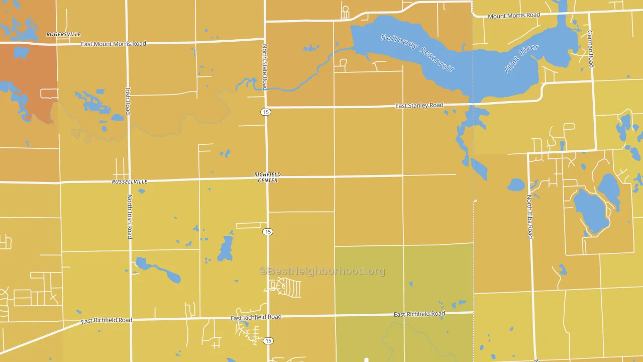 Map of the best neighborhoods in the Richfield Center area, with better matches in green and worse matches in red