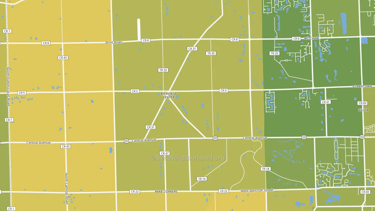 Map of the best neighborhoods in the Richfield Center area, with better matches in green and worse matches in red