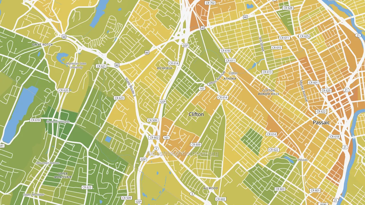 Map of the best neighborhoods in the Richfield, Clifton area, with better matches in green and worse matches in red
