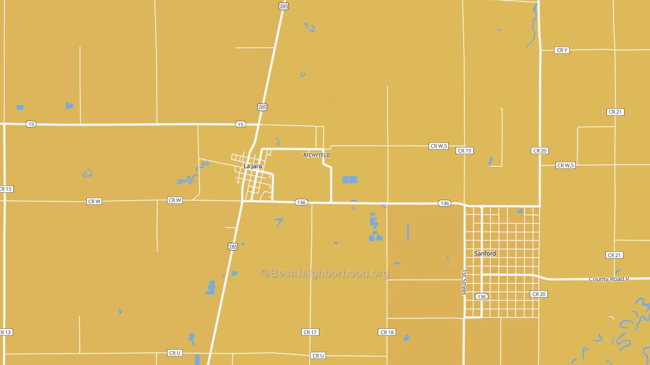 Map of the best neighborhoods in the Richfield area, with better matches in green and worse matches in red