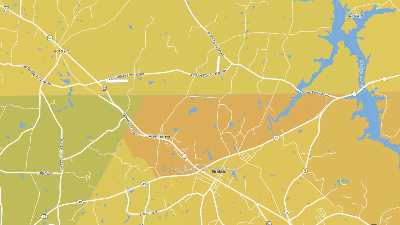 Map of the best neighborhoods in the Richfield area, with better matches in green and worse matches in red
