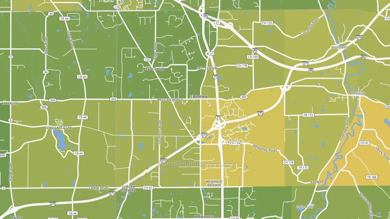 Map of the best neighborhoods in the Richfield area, with better matches in green and worse matches in red