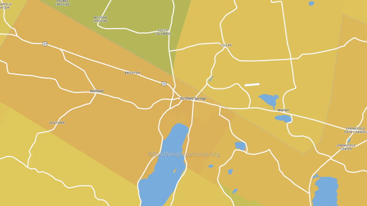 Map of the best neighborhoods in the Richfield Springs area, with better matches in green and worse matches in red