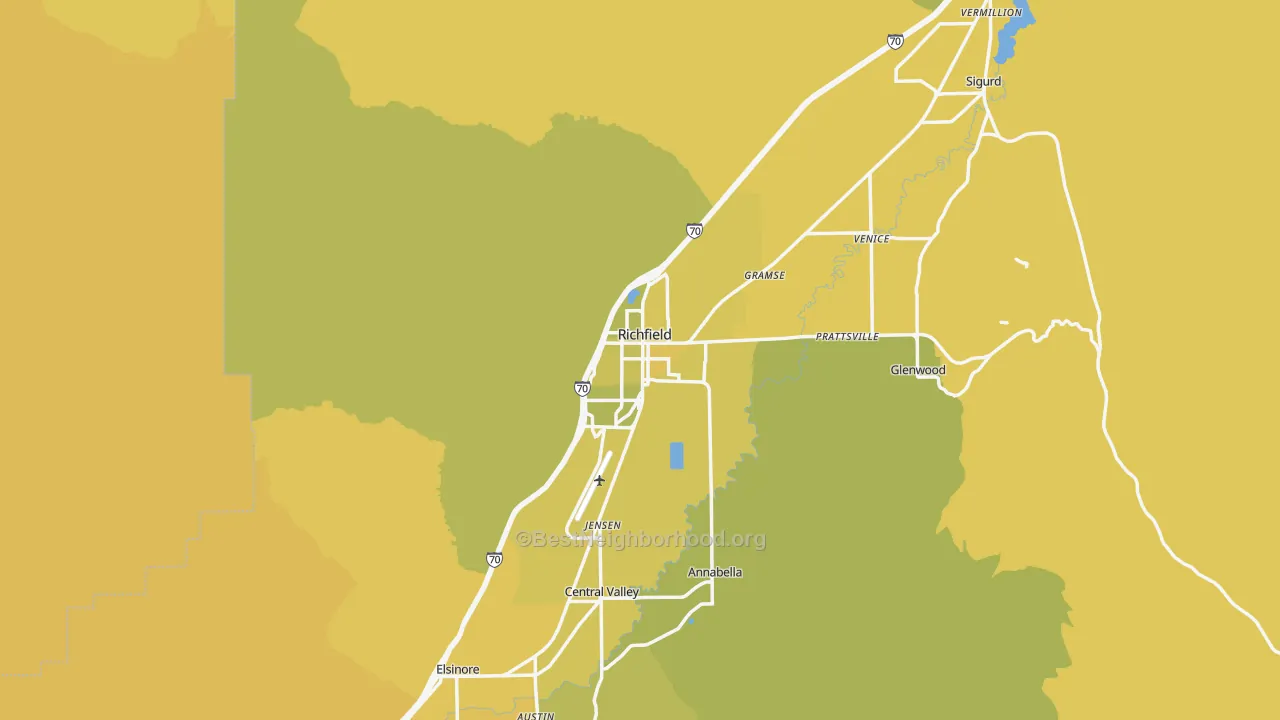 Map of the best neighborhoods in the Richfield area, with better matches in green and worse matches in red
