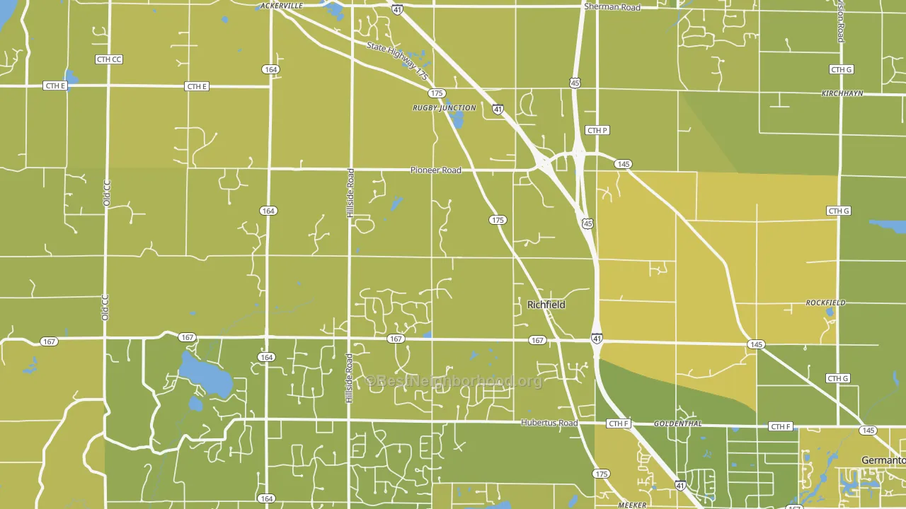 Map of the best neighborhoods in the Richfield area, with better matches in green and worse matches in red