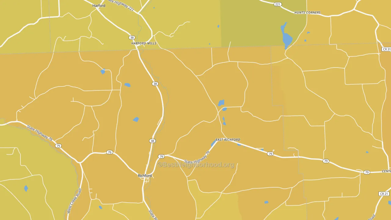 Map of the best neighborhoods in the Richford area, with better matches in green and worse matches in red