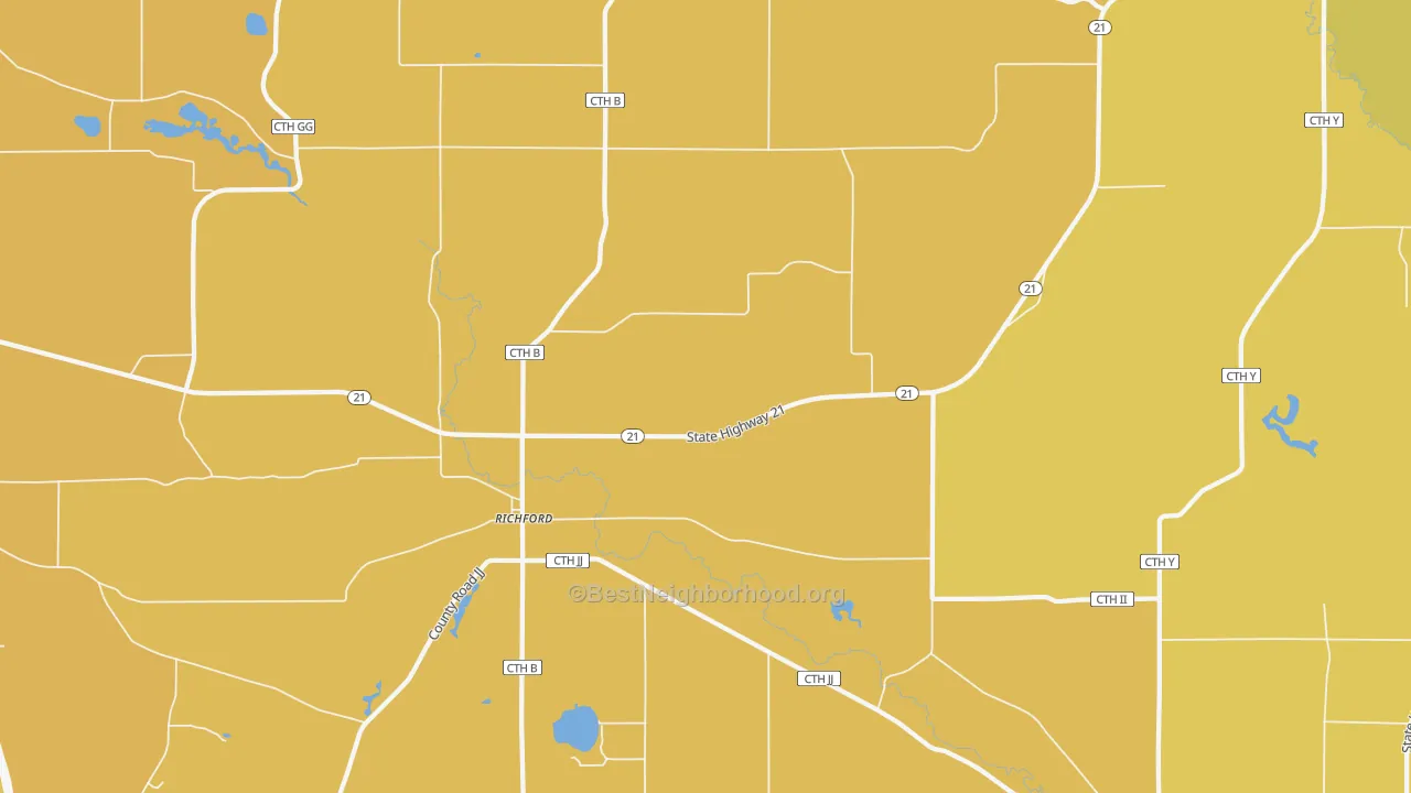 Map of the best neighborhoods in the Richford area, with better matches in green and worse matches in red