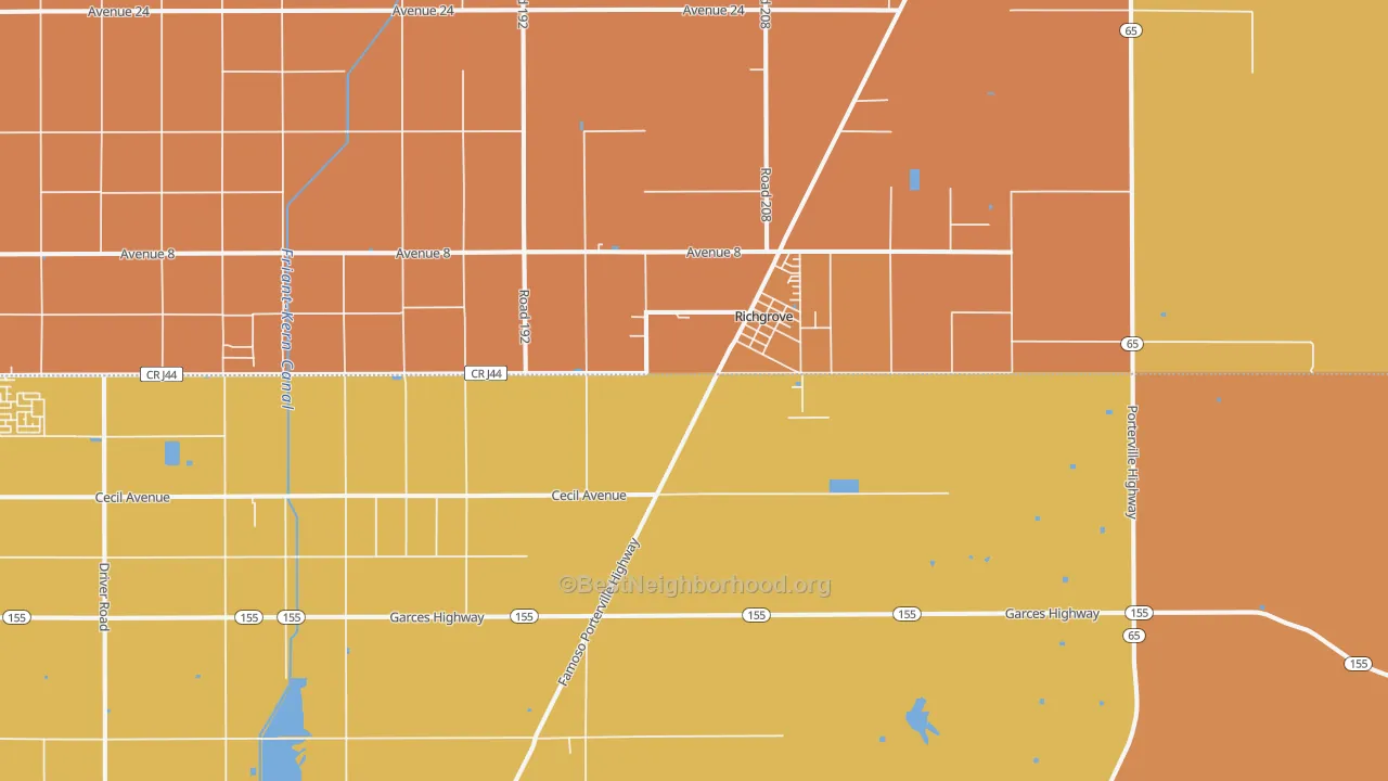 Map of the best neighborhoods in the Richgrove area, with better matches in green and worse matches in red