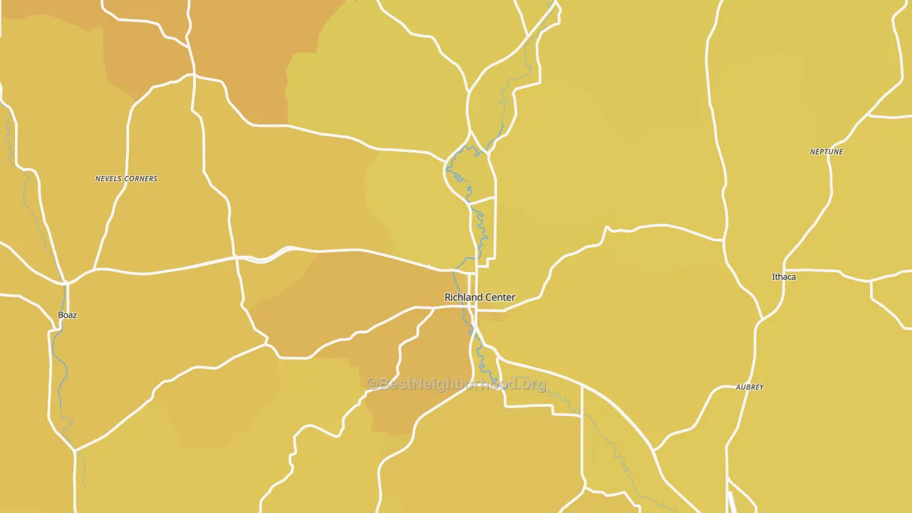 Map of the best neighborhoods in the Richland Center area, with better matches in green and worse matches in red