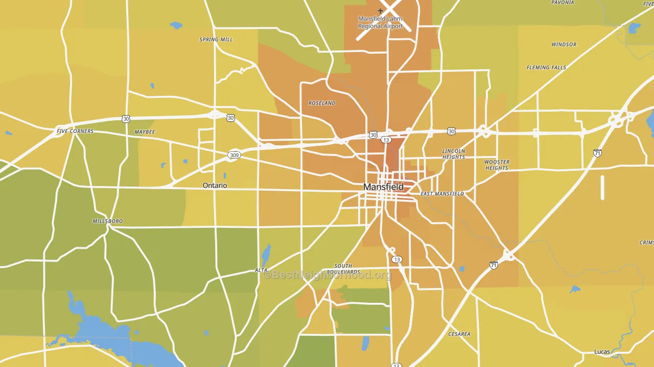Map of the best neighborhoods in the Richland County area, with better matches in green and worse matches in red