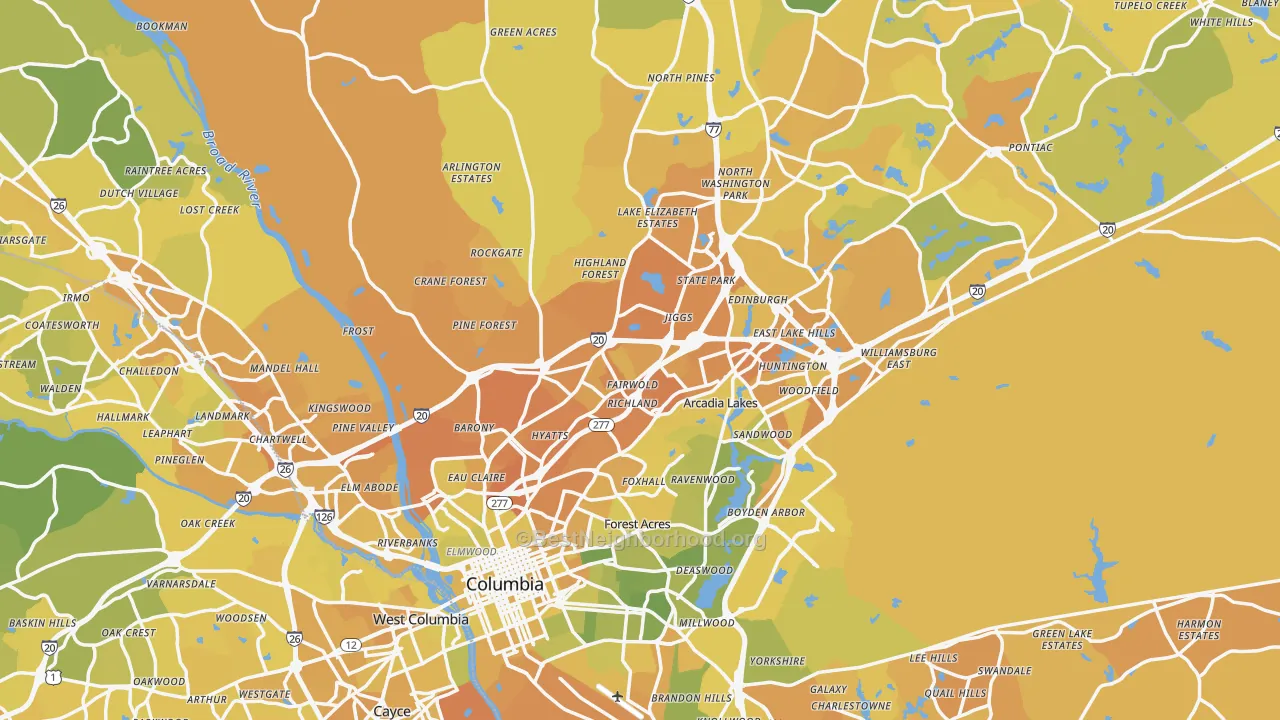 Map of the best neighborhoods in the Richland County area, with better matches in green and worse matches in red