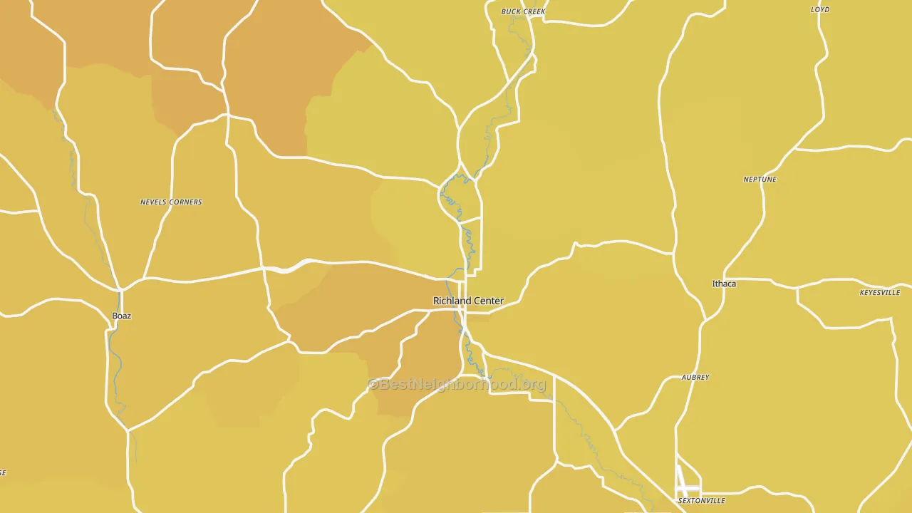 Map of the best neighborhoods in the Richland County area, with better matches in green and worse matches in red