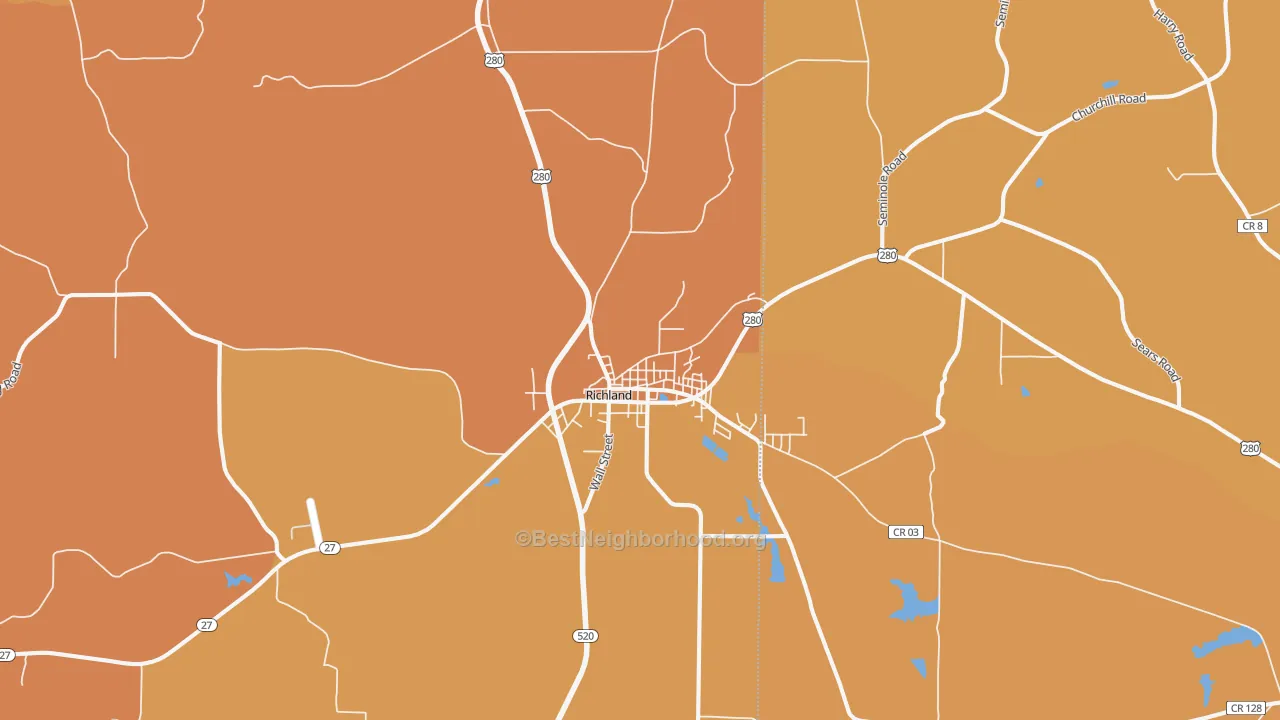 Map of the best neighborhoods in the Richland area, with better matches in green and worse matches in red