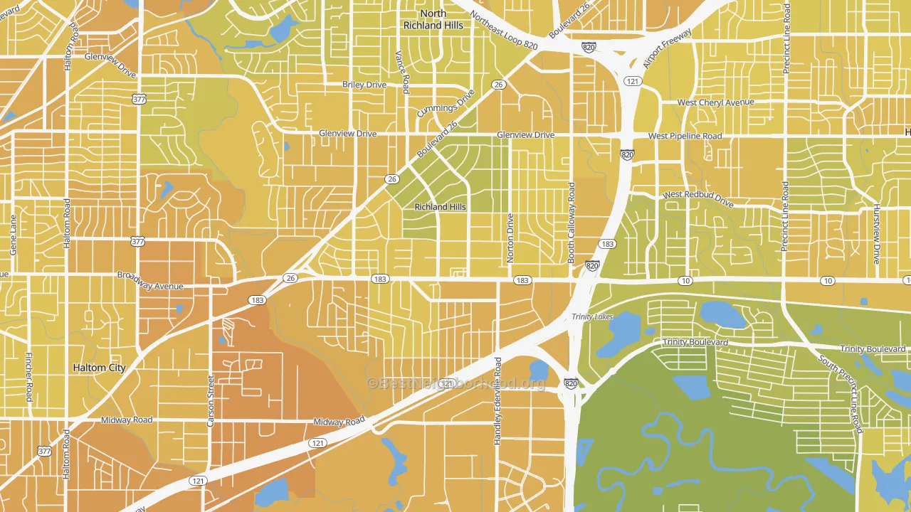Map of the best neighborhoods in the Richland Hills area, with better matches in green and worse matches in red