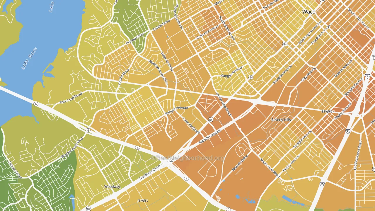 Map of the best neighborhoods in the Richland Hills, Waco area, with better matches in green and worse matches in red