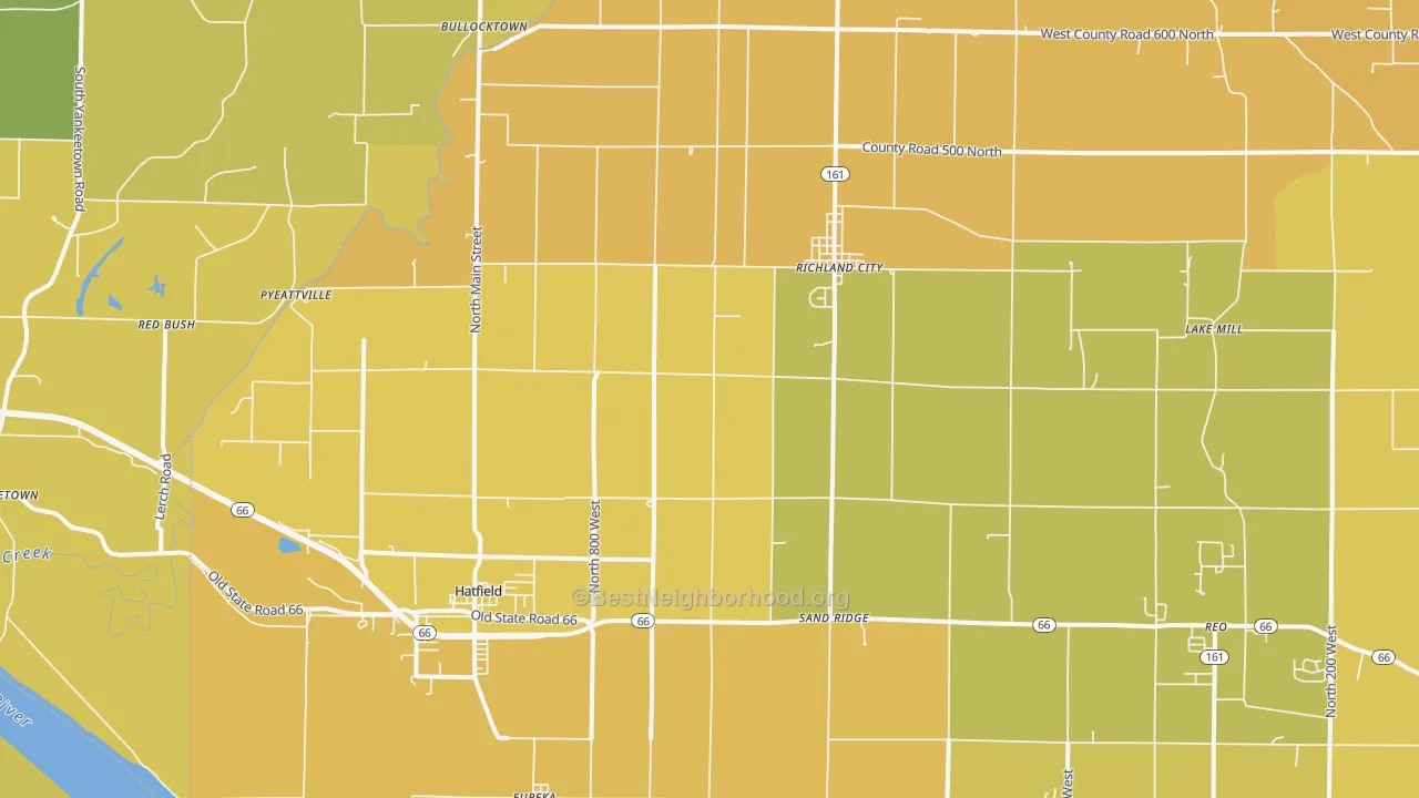 Map of the best neighborhoods in the Richland area, with better matches in green and worse matches in red