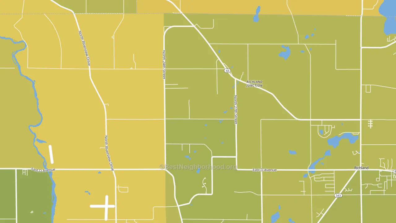 Map of the best neighborhoods in the Richland Junction area, with better matches in green and worse matches in red