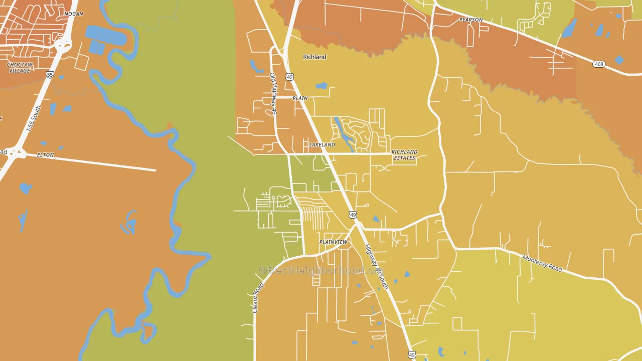 Map of the best neighborhoods in the Richland area, with better matches in green and worse matches in red