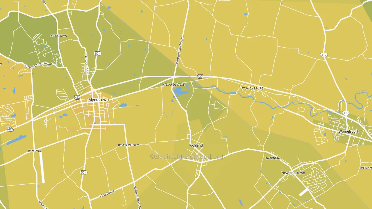 Map of the best neighborhoods in the Richland area, with better matches in green and worse matches in red