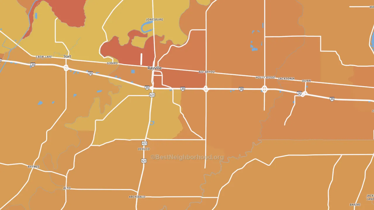 Map of the best neighborhoods in the Richland Parish area, with better matches in green and worse matches in red